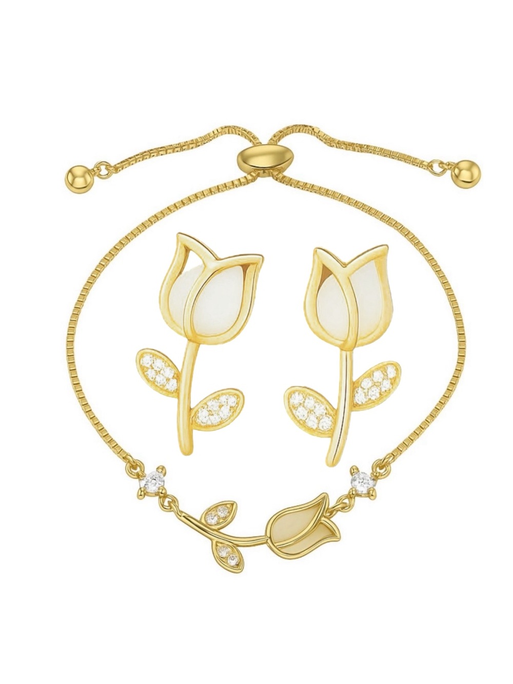Tulip Earrings & Bracelet Adjustable Gold-Tone over Steel